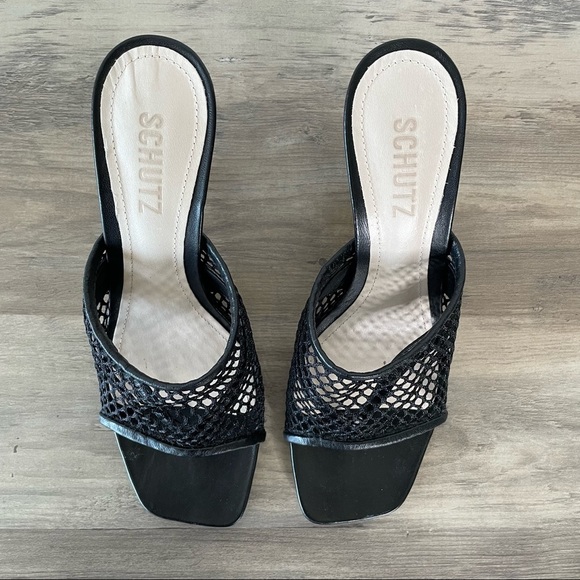 𝅺schutz Siliene Black Leather Thong Mule Sandals w Mesh Trim - Picture 3 of 7